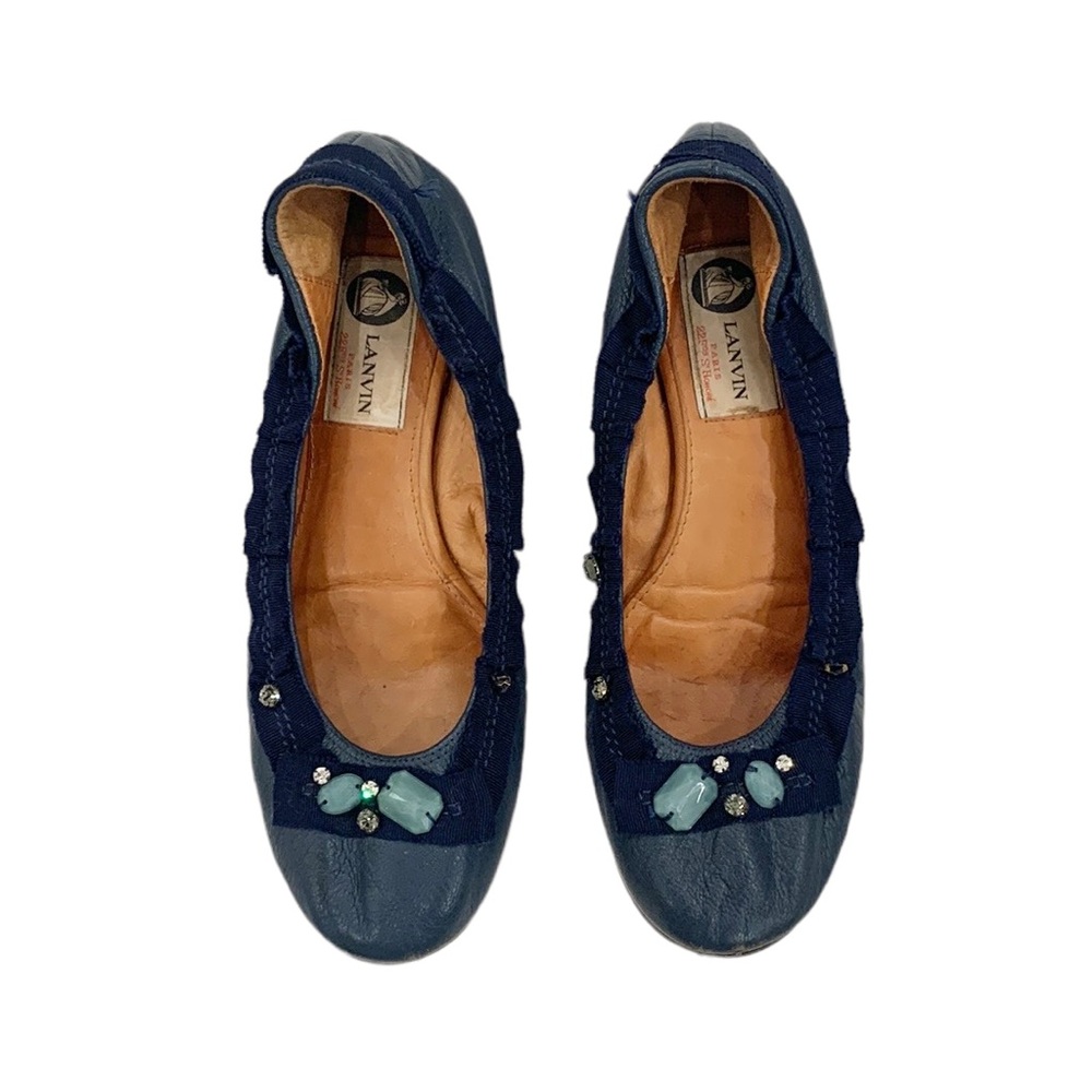 Lanvin Paris Leather Jewel Navy Ballerina Flats